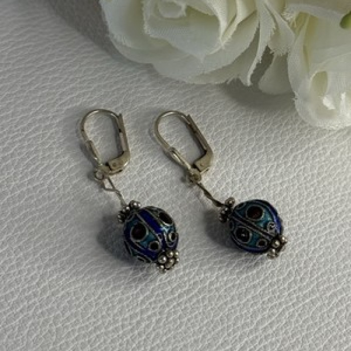 Antique Art Deco 925 Sterling Silver Unique Enamel Earrings Length 1.50 Inch