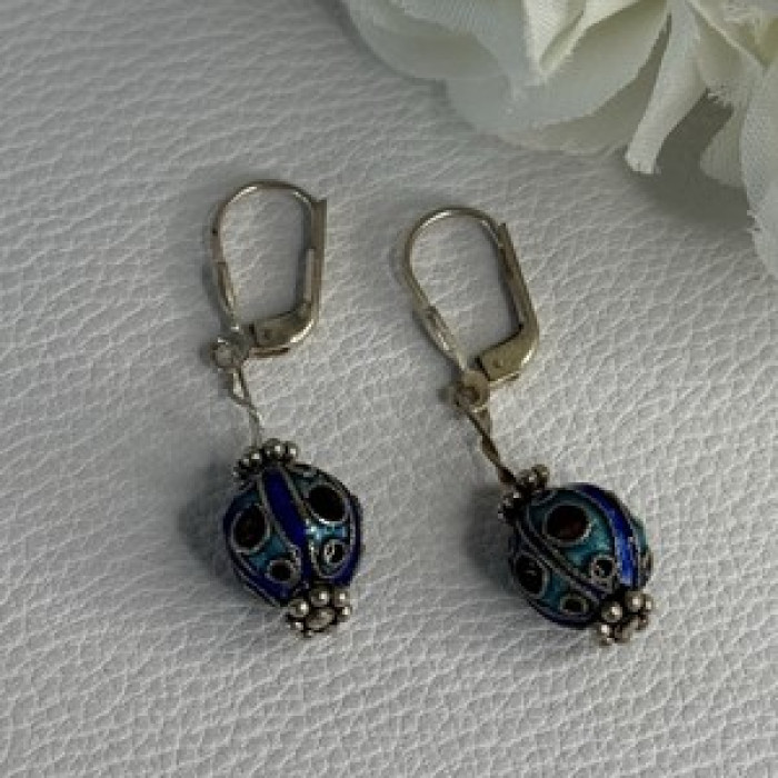Antique Art Deco 925 Sterling Silver Unique Enamel Earrings Length 1.50 Inch
