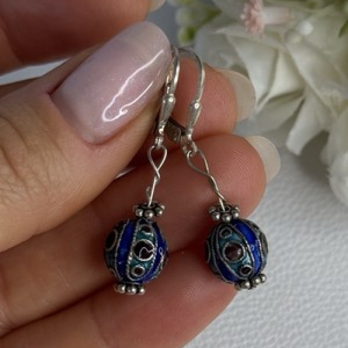 Antique Art Deco 925 Sterling Silver Unique Enamel Earrings Length 1.50 Inch