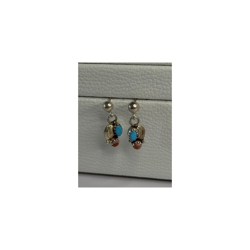 Vintage 925 Sterling Silver Turquoise & Carnelian Earrings Length 0.70 Inch