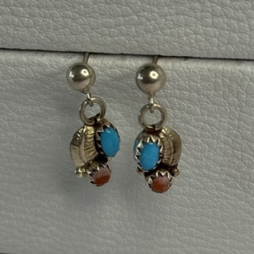 Vintage 925 Sterling Silver Turquoise & Carnelian Earrings Length 0.70 Inch