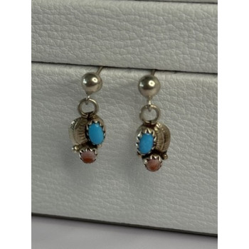 Vintage 925 Sterling Silver Turquoise & Carnelian Earrings Length 0.70 Inch