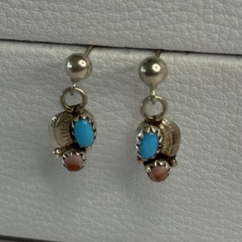 Vintage 925 Sterling Silver Turquoise & Carnelian Earrings Length 0.70 Inch