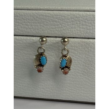 Vintage 925 Sterling Silver Turquoise & Carnelian Earrings Length 0.70 Inch