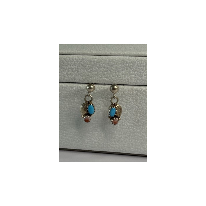 Vintage 925 Sterling Silver Turquoise & Carnelian Earrings Length 0.70 Inch