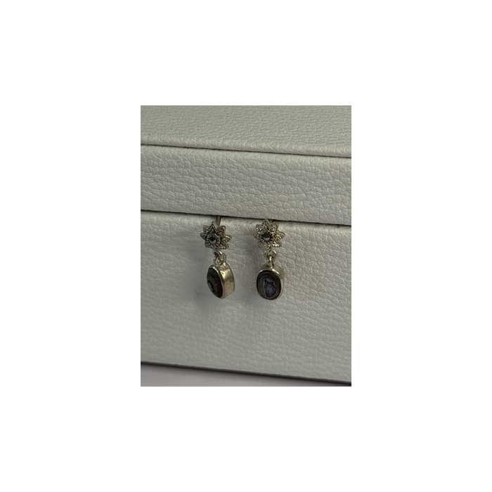 925 Sterling Silver Abalone & Marcasite Earrings Length 0.60 Inch