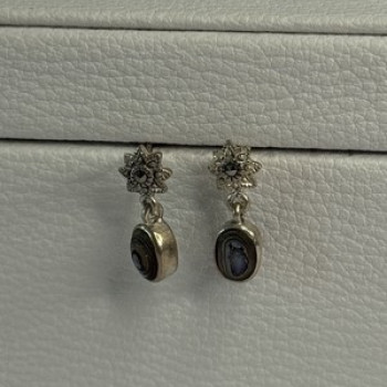 925 Sterling Silver Abalone & Marcasite Earrings Length 0.60 Inch