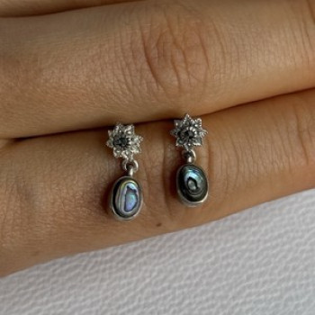 925 Sterling Silver Abalone & Marcasite Earrings Length 0.60 Inch