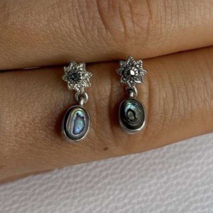925 Sterling Silver Abalone & Marcasite Earrings Length 0.60 Inch