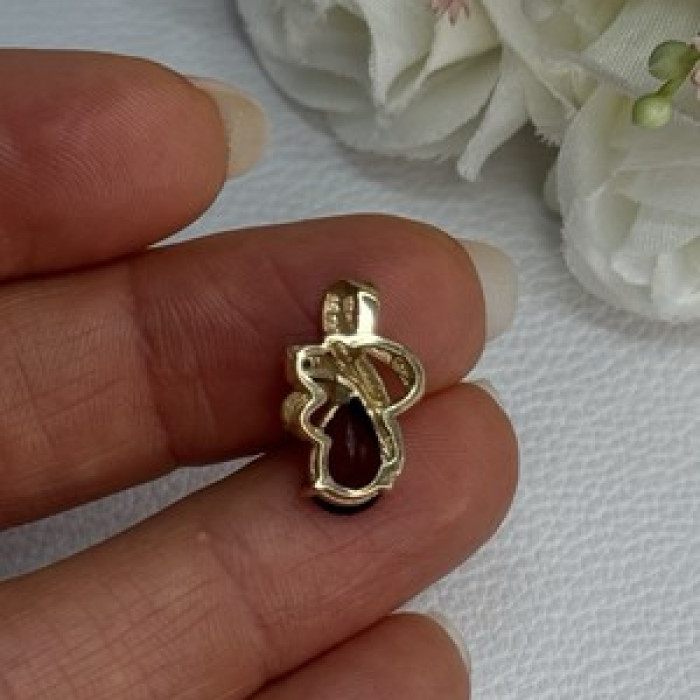 10K Yellow Gold Garnet & Diamond Pendant Length 0.65 Inch