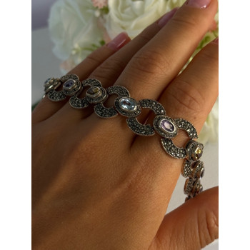 925 Sterling Silver Amethyst Citrine Topaz Marcasite Bracelet Length 7.5 Inch