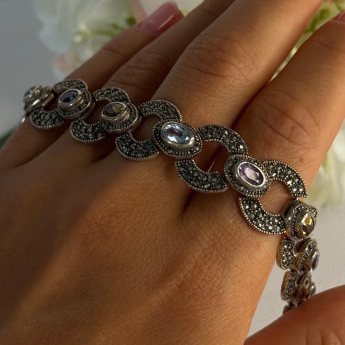 925 Sterling Silver Amethyst Citrine Topaz Marcasite Bracelet Length 7.5 Inch