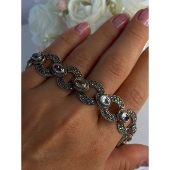 925 Sterling Silver Amethyst Citrine Topaz Marcasite Bracelet Length 7.5 Inch