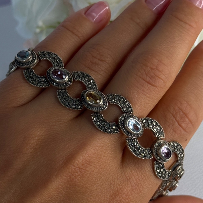 925 Sterling Silver Amethyst Citrine Topaz Marcasite Bracelet Length 7.5 Inch