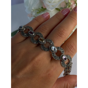 925 Sterling Silver Amethyst Citrine Topaz Marcasite Bracelet Length 7.5 Inch
