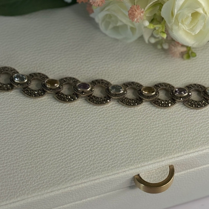 925 Sterling Silver Amethyst Citrine Topaz Marcasite Bracelet Length 7.5 Inch