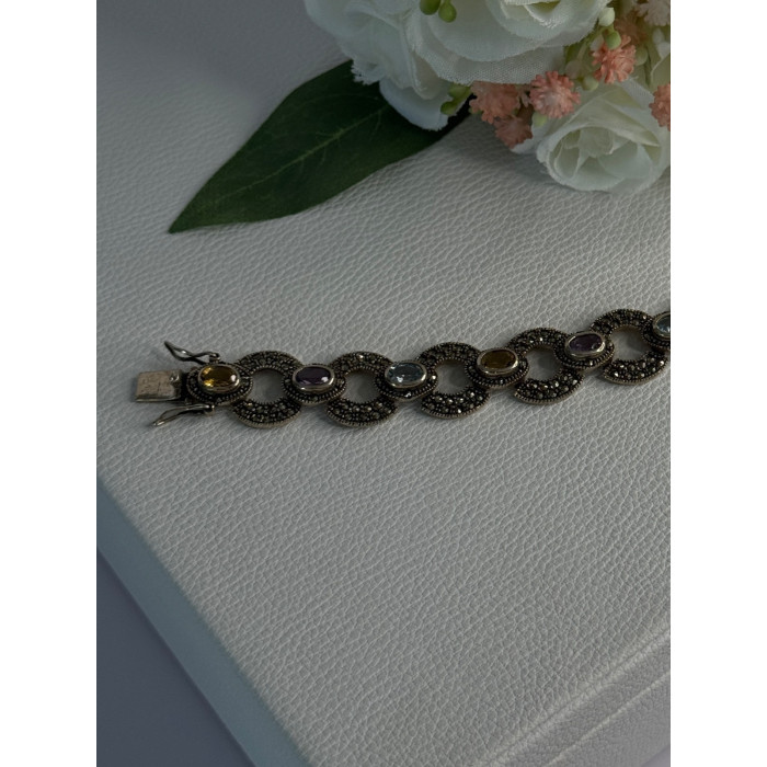925 Sterling Silver Amethyst Citrine Topaz Marcasite Bracelet Length 7.5 Inch
