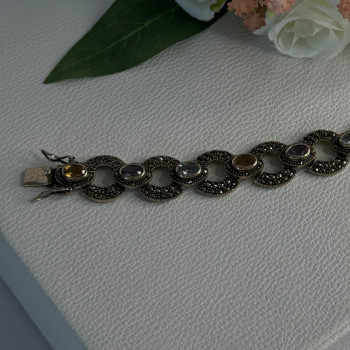 925 Sterling Silver Amethyst Citrine Topaz Marcasite Bracelet Length 7.5 Inch