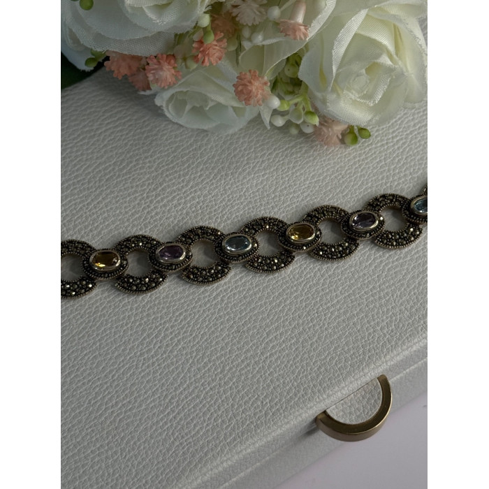 925 Sterling Silver Amethyst Citrine Topaz Marcasite Bracelet Length 7.5 Inch