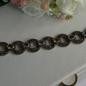 925 Sterling Silver Amethyst Citrine Topaz Marcasite Bracelet Length 7.5 Inch