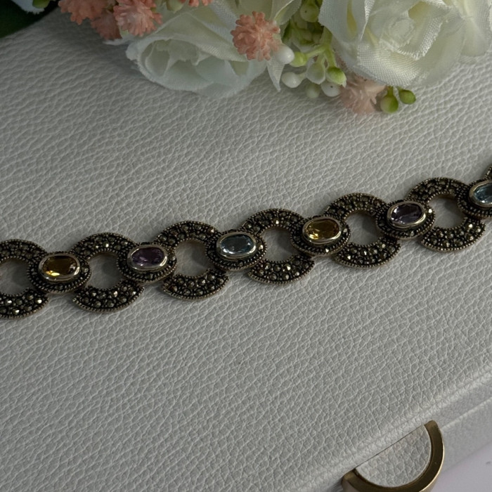925 Sterling Silver Amethyst Citrine Topaz Marcasite Bracelet Length 7.5 Inch