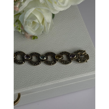 925 Sterling Silver Amethyst Citrine Topaz Marcasite Bracelet Length 7.5 Inch