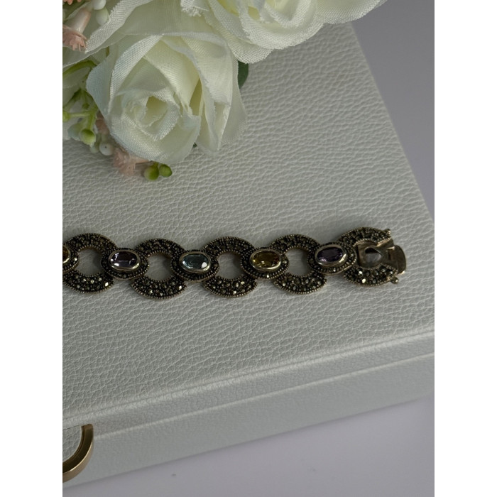 925 Sterling Silver Amethyst Citrine Topaz Marcasite Bracelet Length 7.5 Inch