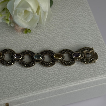 925 Sterling Silver Amethyst Citrine Topaz Marcasite Bracelet Length 7.5 Inch
