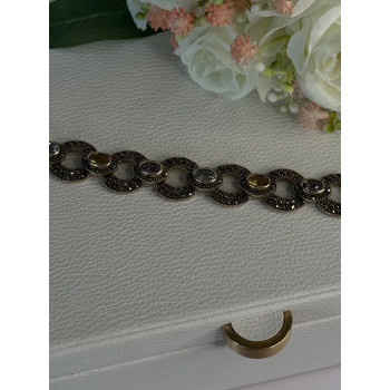 925 Sterling Silver Amethyst Citrine Topaz Marcasite Bracelet Length 7.5 Inch