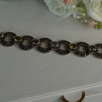 925 Sterling Silver Amethyst Citrine Topaz Marcasite Bracelet Length 7.5 Inch