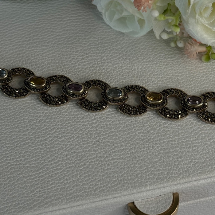 925 Sterling Silver Amethyst Citrine Topaz Marcasite Bracelet Length 7.5 Inch