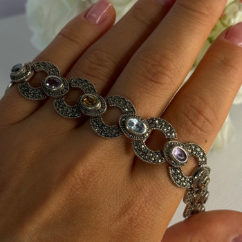 925 Sterling Silver Amethyst Citrine Topaz Marcasite Bracelet Length 7.5 Inch