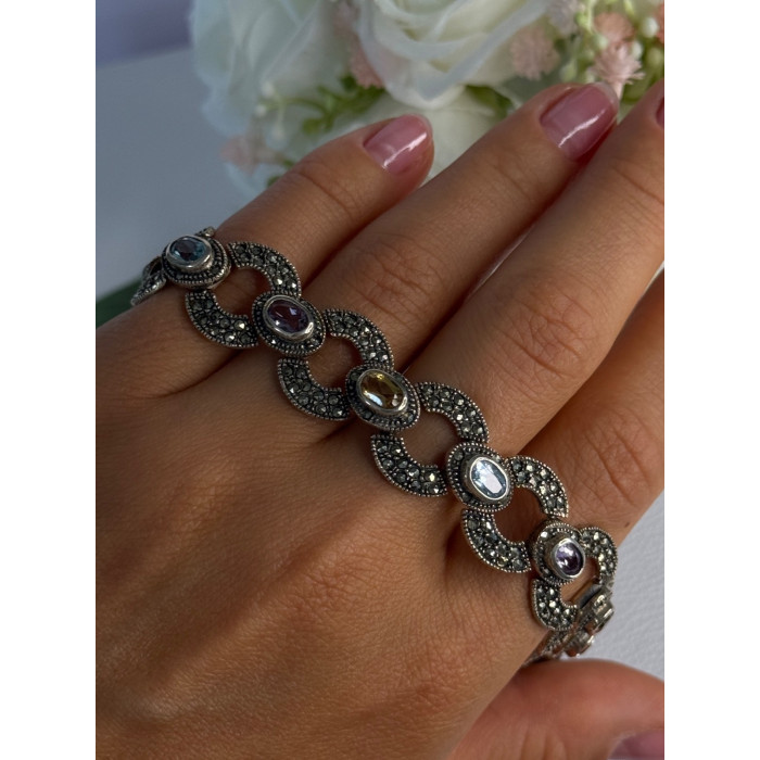925 Sterling Silver Amethyst Citrine Topaz Marcasite Bracelet Length 7.5 Inch