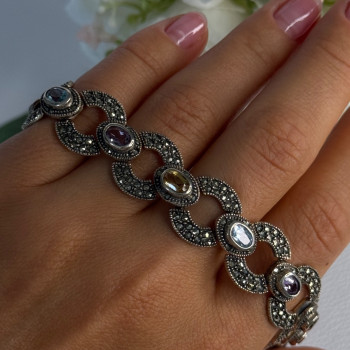 925 Sterling Silver Amethyst Citrine Topaz Marcasite Bracelet Length 7.5 Inch