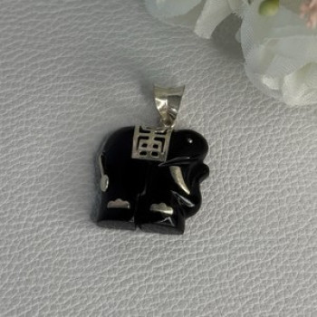 925 Sterling Silver Onyx Elephant Pendant Length 1.10 Inch