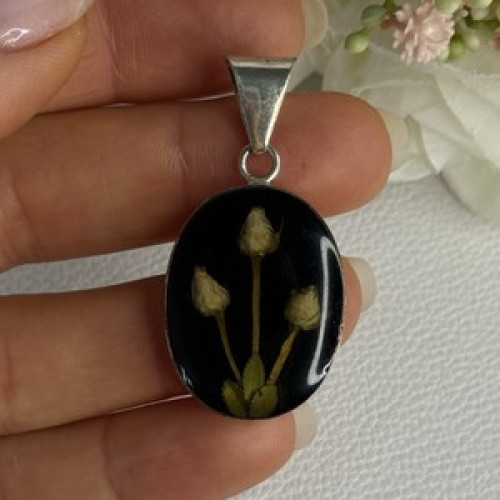 925 Sterling Silver Real Pressed Flower Pendant Length 1.70 Inch