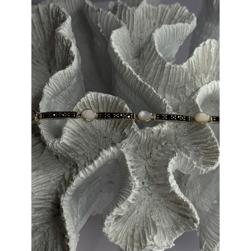 925 Sterling Silver Pink Abalone & Marcasite Bracelet Length 7.5