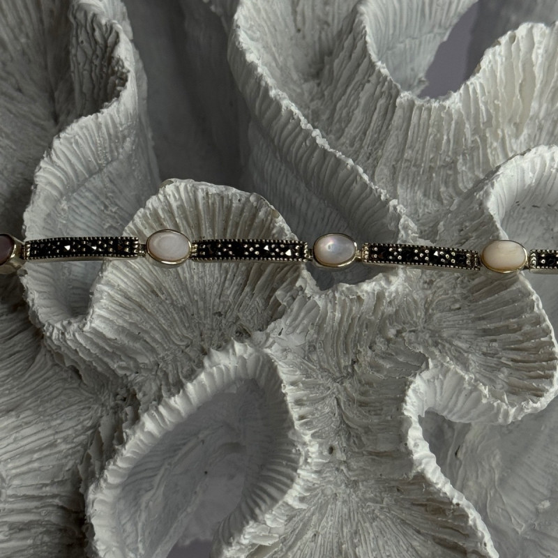 925 Sterling Silver Pink Abalone & Marcasite Bracelet Length 7.5