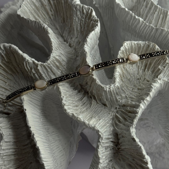925 Sterling Silver Pink Abalone & Marcasite Bracelet Length 7.5