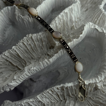 925 Sterling Silver Pink Abalone & Marcasite Bracelet Length 7.5