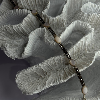 925 Sterling Silver Pink Abalone & Marcasite Bracelet Length 7.5