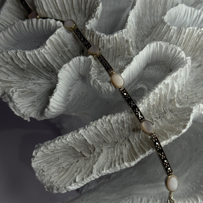 925 Sterling Silver Pink Abalone & Marcasite Bracelet Length 7.5