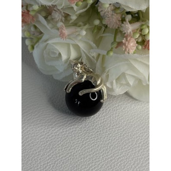925 Sterling Silver Onyx Cat Pendant Length 1.20 Inch