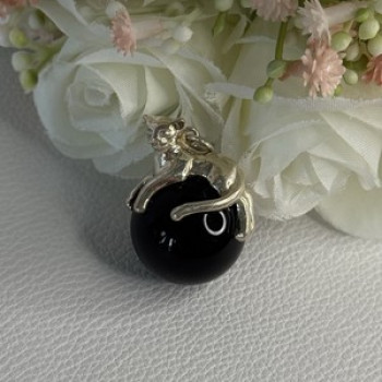 925 Sterling Silver Onyx Cat Pendant Length 1.20 Inch