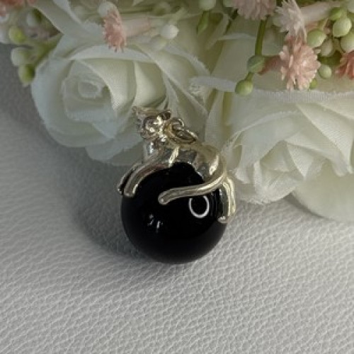 925 Sterling Silver Onyx Cat Pendant Length 1.20 Inch