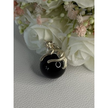925 Sterling Silver Onyx Cat Pendant Length 1.20 Inch