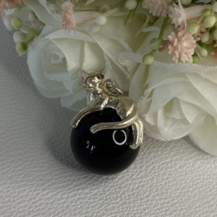 925 Sterling Silver Onyx Cat Pendant Length 1.20 Inch