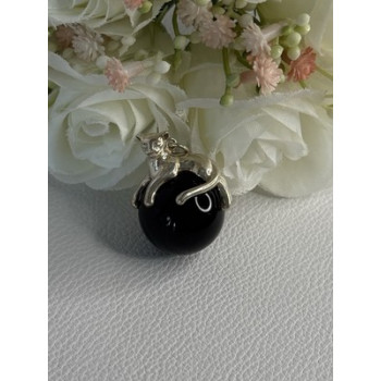 925 Sterling Silver Onyx Cat Pendant Length 1.20 Inch