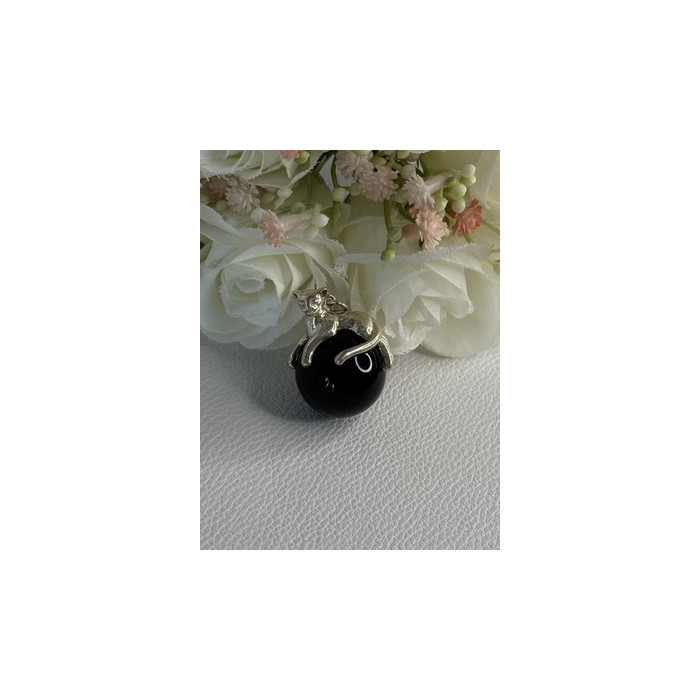 925 Sterling Silver Onyx Cat Pendant Length 1.20 Inch