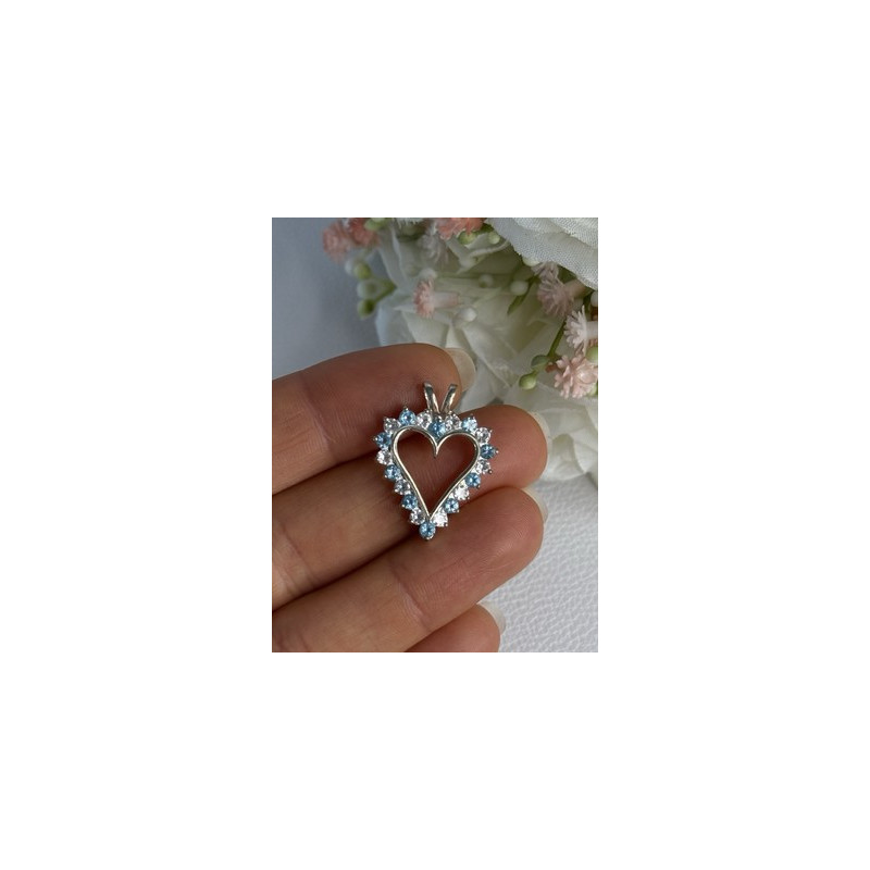 925 Sterling Silver Blue & White Topaz Heart Pendant Length 1 Inch